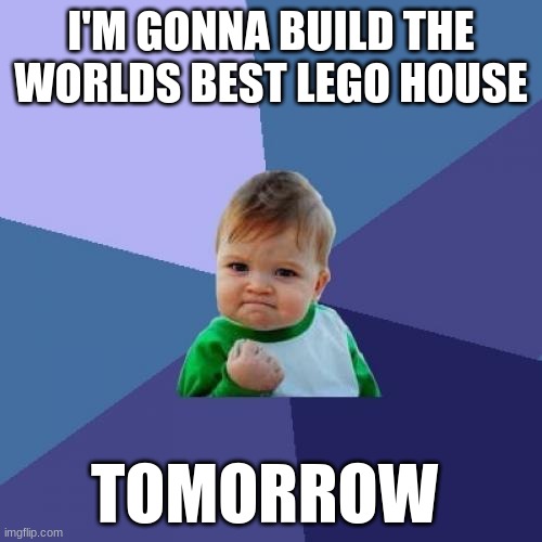 Success Kid Meme | I'M GONNA BUILD THE WORLDS BEST LEGO HOUSE; TOMORROW | image tagged in memes,success kid | made w/ Imgflip meme maker