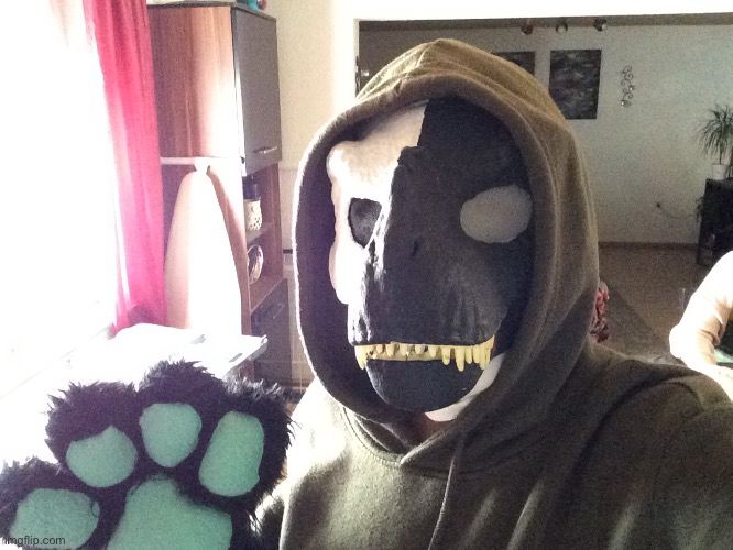 My first Dino mask! Got it a few years ago Andy it’s how I came up with my oc Lefty! The paw is from my other fursuit :] | image tagged in aaaaa leftieh | made w/ Imgflip meme maker