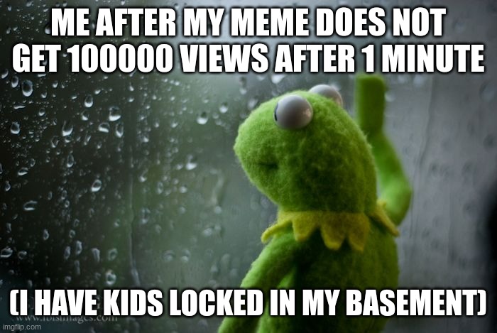 kermit window | ME AFTER MY MEME DOES NOT GET 100000 VIEWS AFTER 1 MINUTE (I HAVE KIDS LOCKED IN MY BASEMENT) | image tagged in kermit window | made w/ Imgflip meme maker