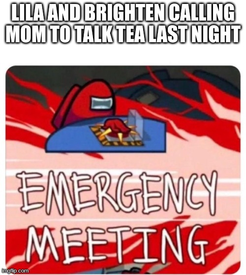 Emergency Meeting Among Us | LILA AND BRIGHTEN CALLING MOM TO TALK TEA LAST NIGHT | image tagged in emergency meeting among us | made w/ Imgflip meme maker