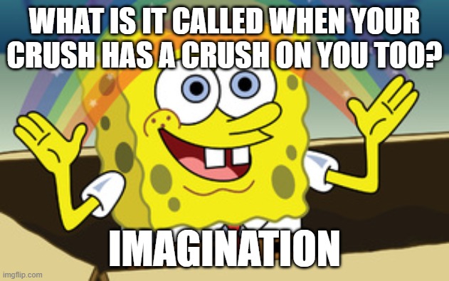 spongebob magic | WHAT IS IT CALLED WHEN YOUR CRUSH HAS A CRUSH ON YOU TOO? IMAGINATION | image tagged in spongebob magic | made w/ Imgflip meme maker