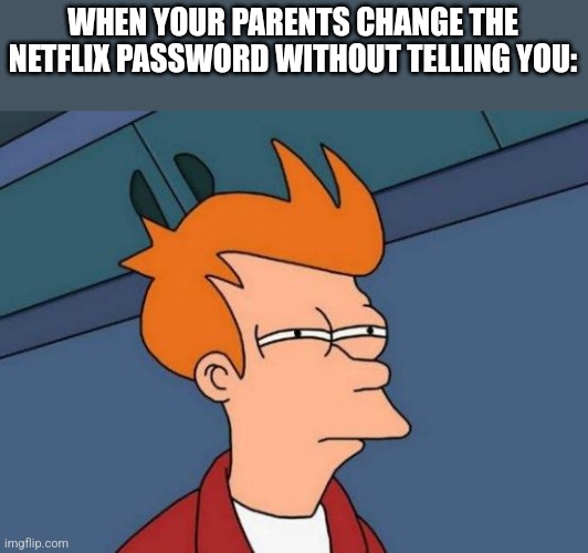 Wait what? | WHEN YOUR PARENTS CHANGE THE NETFLIX PASSWORD WITHOUT TELLING YOU: | image tagged in memes,futurama fry | made w/ Imgflip meme maker