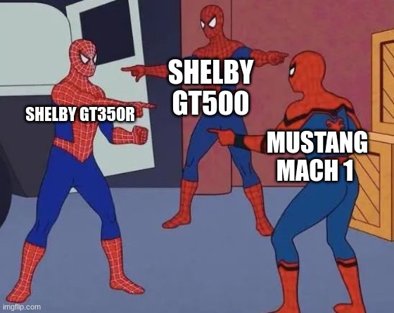 mustangs | SHELBY GT500; SHELBY GT350R; MUSTANG MACH 1 | image tagged in 3 spiderman pointing | made w/ Imgflip meme maker