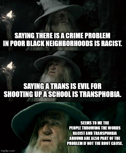 Got to keep the chaos and evil going somehow. | SAYING THERE IS A CRIME PROBLEM IN POOR BLACK NEIGHBORHOODS IS RACIST. SAYING A TRANS IS EVIL FOR SHOOTING UP A SCHOOL IS TRANSPHOBIA. SEEMS TO ME THE PEOPLE THROWING THE WORDS RACIST AND TRANSPHOBIA AROUND ARE ALSO PART OF THE PROBLEM IF NOT THE ROOT CAUSE. | image tagged in memes,confused gandalf | made w/ Imgflip meme maker