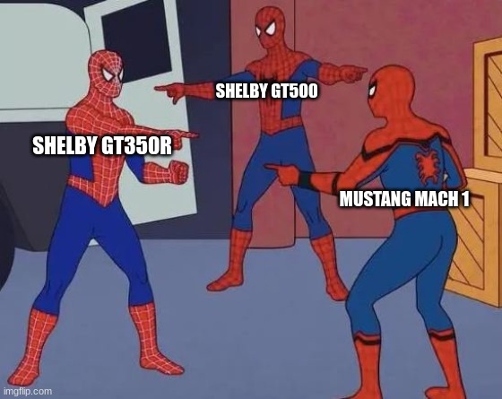 mustangs | SHELBY GT500; SHELBY GT350R; MUSTANG MACH 1 | image tagged in 3 spiderman pointing | made w/ Imgflip meme maker