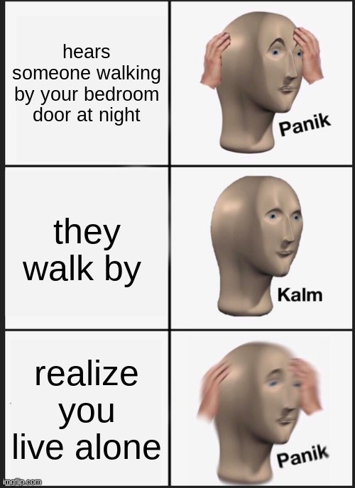 panik | hears someone walking by your bedroom door at night; they walk by; realize you live alone | image tagged in memes,panik kalm panik | made w/ Imgflip meme maker