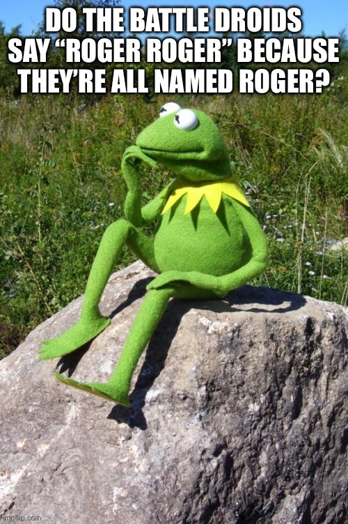 Good question | DO THE BATTLE DROIDS SAY “ROGER ROGER” BECAUSE THEY’RE ALL NAMED ROGER? | image tagged in kermit-thinking | made w/ Imgflip meme maker