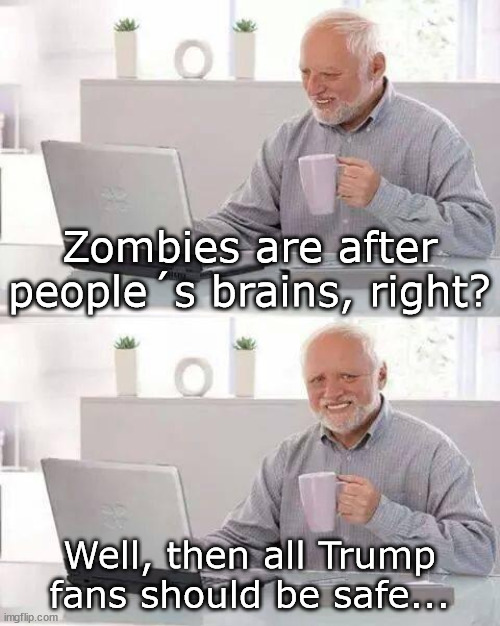 A no-brainer | Zombies are after people´s brains, right? Well, then all Trump fans should be safe... | image tagged in memes,hide the pain harold | made w/ Imgflip meme maker