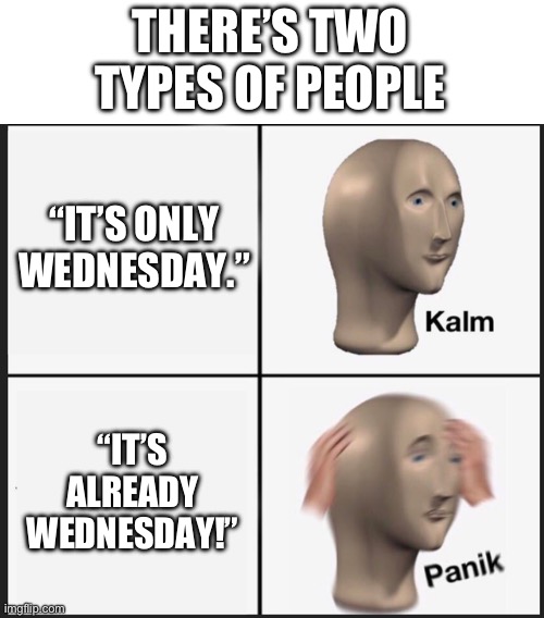 Calm Panic | THERE’S TWO TYPES OF PEOPLE; “IT’S ONLY WEDNESDAY.”; “IT’S ALREADY WEDNESDAY!” | image tagged in calm panic | made w/ Imgflip meme maker