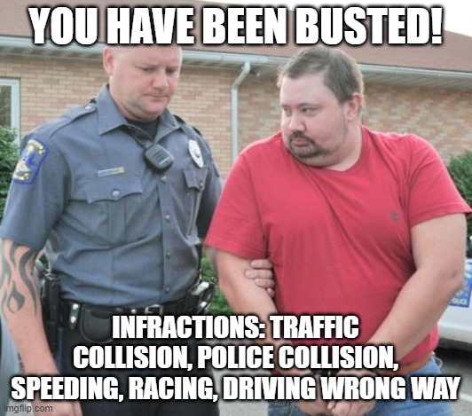 You can drive away now... | YOU HAVE BEEN BUSTED! INFRACTIONS: TRAFFIC COLLISION, POLICE COLLISION, SPEEDING, RACING, DRIVING WRONG WAY | image tagged in man get arrested,beamng,beamng drive,police,cool crimes | made w/ Imgflip meme maker