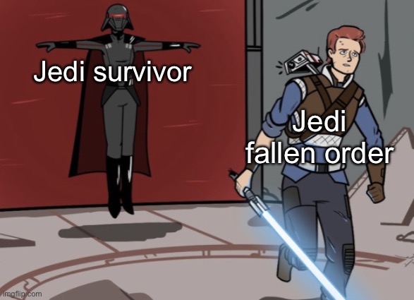 Cal running from t posing Inquisitor | Jedi survivor; Jedi fallen order | image tagged in cal running from t posing inquisitor | made w/ Imgflip meme maker