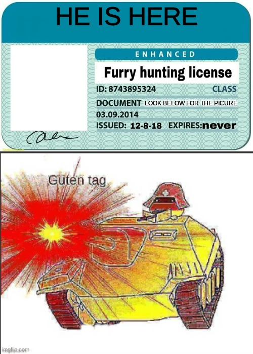 ... | HE IS HERE; LOOK BELOW FOR THE PICURE | image tagged in furry hunting license | made w/ Imgflip meme maker