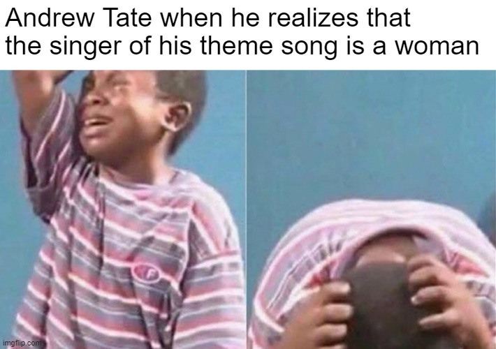 bit late but | Andrew Tate when he realizes that the singer of his theme song is a woman | image tagged in crying black kid | made w/ Imgflip meme maker