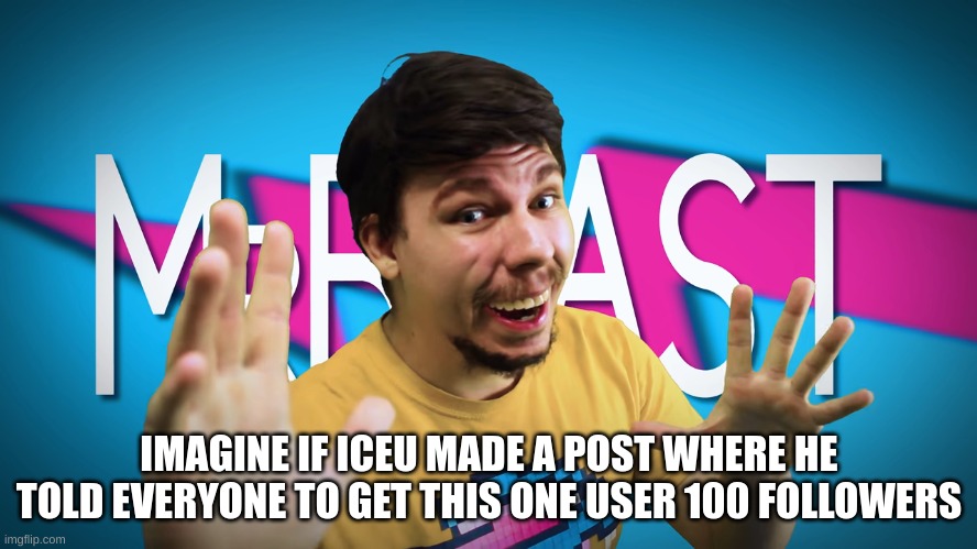I wonder if it would actually work | IMAGINE IF ICEU MADE A POST WHERE HE TOLD EVERYONE TO GET THIS ONE USER 100 FOLLOWERS | image tagged in fake mrbeast | made w/ Imgflip meme maker