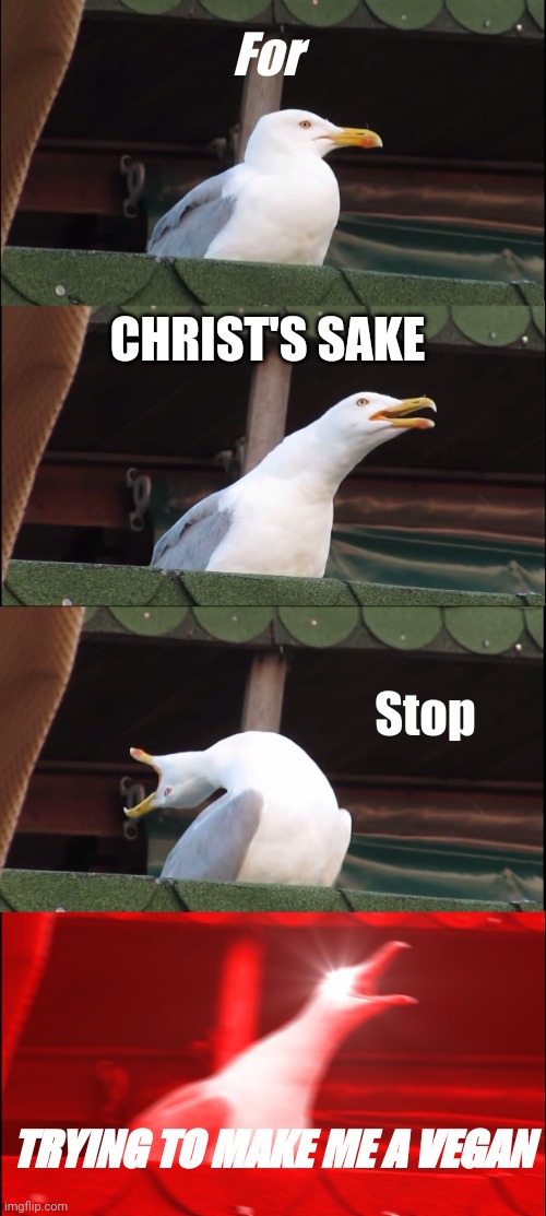 Inhaling Seagull | For; CHRIST'S SAKE; Stop; TRYING TO MAKE ME A VEGAN | image tagged in memes,inhaling seagull | made w/ Imgflip meme maker
