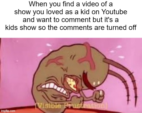 What even was the point of disabling comments for videos marked 'for kids'? | When you find a video of a show you loved as a kid on Youtube and want to comment but it's a kids show so the comments are turned off | image tagged in visible frustration | made w/ Imgflip meme maker