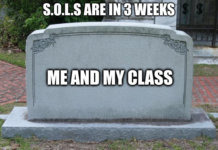 God Help us | S.O.L.S ARE IN 3 WEEKS; ME AND MY CLASS | image tagged in gravestone,school,one does not simply,pass,a,test | made w/ Imgflip meme maker