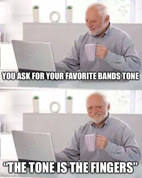 Hide the Pain Harold | YOU ASK FOR YOUR FAVORITE BANDS TONE; “THE TONE IS THE FINGERS” | image tagged in memes,hide the pain harold,guitar | made w/ Imgflip meme maker