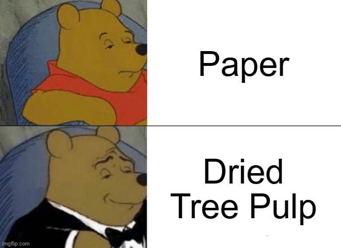 i sure do love writing on dried tree pulp | Paper; Dried Tree Pulp | image tagged in memes,tuxedo winnie the pooh | made w/ Imgflip meme maker