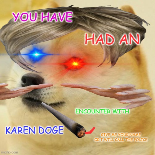KAREN DOGE | YOU HAVE; HAD AN; ENCOUNTER WITH; KAREN DOGE; GIVE ME YOUR NAME OR I WILL CALL THE POLICE | image tagged in memes,doge,karen | made w/ Imgflip meme maker
