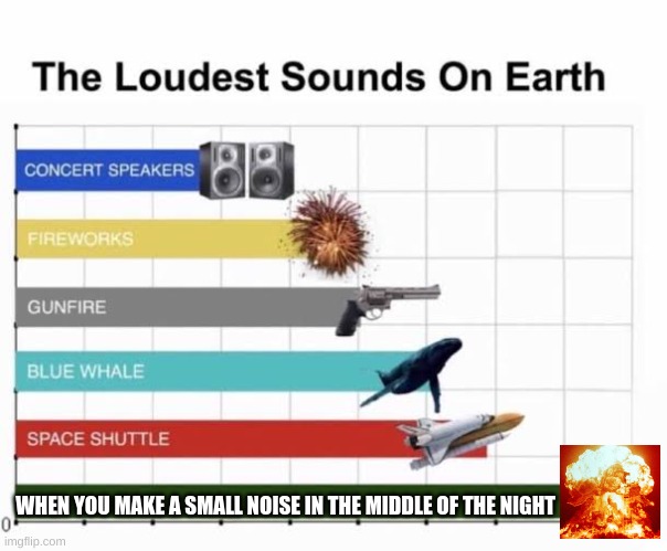 True tho | WHEN YOU MAKE A SMALL NOISE IN THE MIDDLE OF THE NIGHT | image tagged in the loudest sounds on earth | made w/ Imgflip meme maker