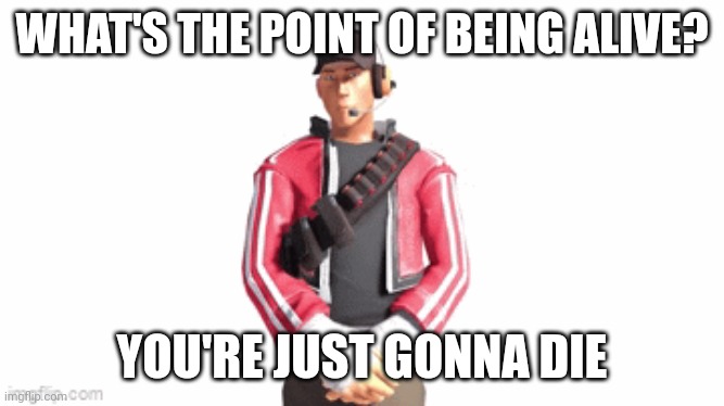 scout drip | WHAT'S THE POINT OF BEING ALIVE? YOU'RE JUST GONNA DIE | image tagged in scout drip | made w/ Imgflip meme maker