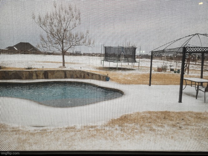 My backyard during the winter (sorry for the quality, I took it through a window screen) | made w/ Imgflip meme maker