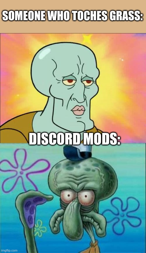 POV Discord Mods: | SOMEONE WHO TOCHES GRASS:; DISCORD MODS: | image tagged in memes,squidward | made w/ Imgflip meme maker