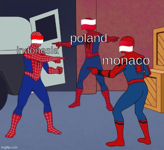 Spider Man Triple | 🇵🇱
poland; 🇮🇩
indonesia; 🇲🇨
monaco | image tagged in spider man triple | made w/ Imgflip meme maker