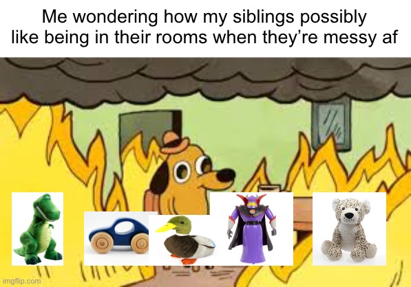 Meme #660 | Me wondering how my siblings possibly like being in their rooms when they’re messy af | image tagged in evrything is fine,siblings,this is fine,relatable,annoying,messy | made w/ Imgflip meme maker