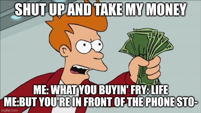 Shut Up And Take My Money Fry | SHUT UP AND TAKE MY MONEY; ME: WHAT YOU BUYIN' FRY: LIFE
ME:BUT YOU'RE IN FRONT OF THE PHONE STO- | image tagged in memes,shut up and take my money fry | made w/ Imgflip meme maker