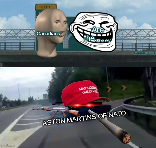 Left Exit 12 Off Ramp | Canadians; Are the........ ASTON MARTINS OF NATO | image tagged in memes,left exit 12 off ramp | made w/ Imgflip meme maker