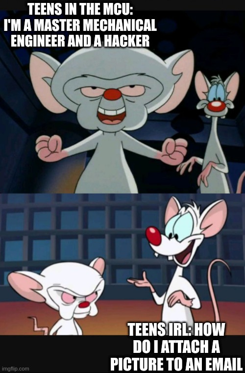 Pinky and the Brain dialogue | TEENS IN THE MCU: I'M A MASTER MECHANICAL ENGINEER AND A HACKER; TEENS IRL: HOW DO I ATTACH A PICTURE TO AN EMAIL | image tagged in pinky and the brain dialogue,marvelmemes | made w/ Imgflip meme maker