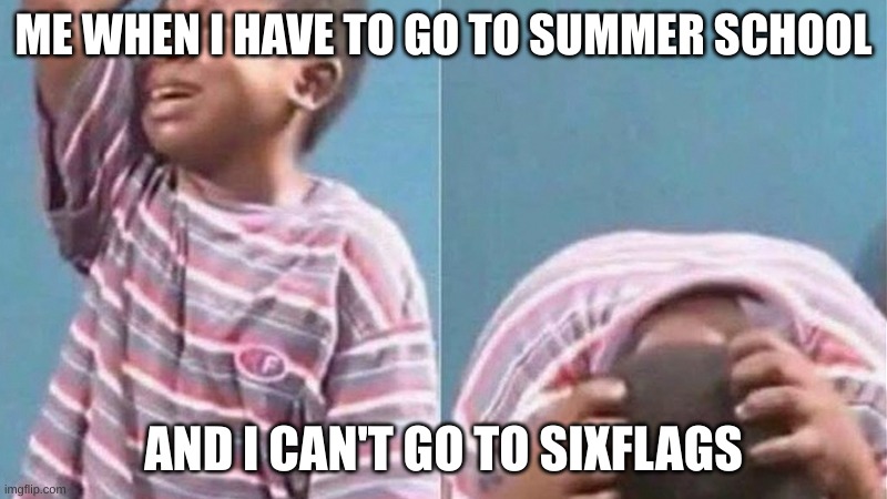 Crying black kid | ME WHEN I HAVE TO GO TO SUMMER SCHOOL; AND I CAN'T GO TO SIXFLAGS | image tagged in crying black kid | made w/ Imgflip meme maker