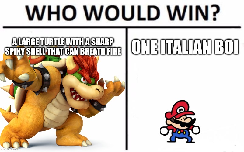 Bowser vs. Mario | A LARGE TURTLE WITH A SHARP SPIKY SHELL THAT CAN BREATH FIRE; ONE ITALIAN BOI | image tagged in who would win,mario,memes | made w/ Imgflip meme maker
