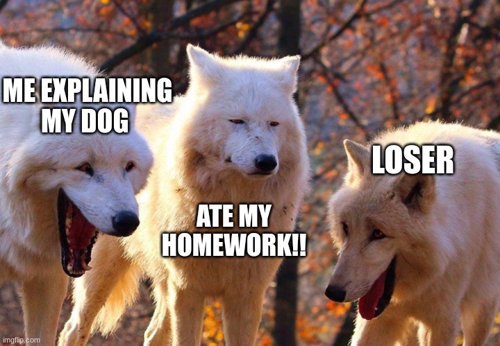 DOG ATE MY HOMEWORK | ME EXPLAINING MY DOG; LOSER; ATE MY HOMEWORK!! | image tagged in 2/3 wolves laugh | made w/ Imgflip meme maker