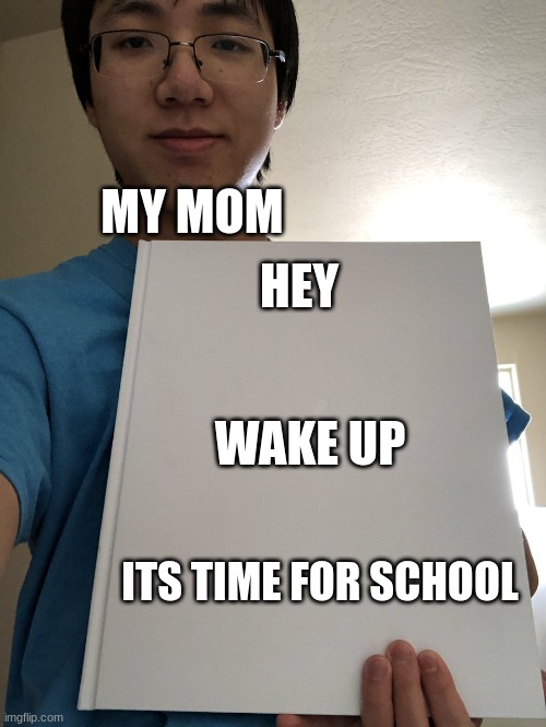 My Mom In The Morning | MY MOM; HEY; WAKE UP; ITS TIME FOR SCHOOL | image tagged in plainrock 124 bill signing meme | made w/ Imgflip meme maker