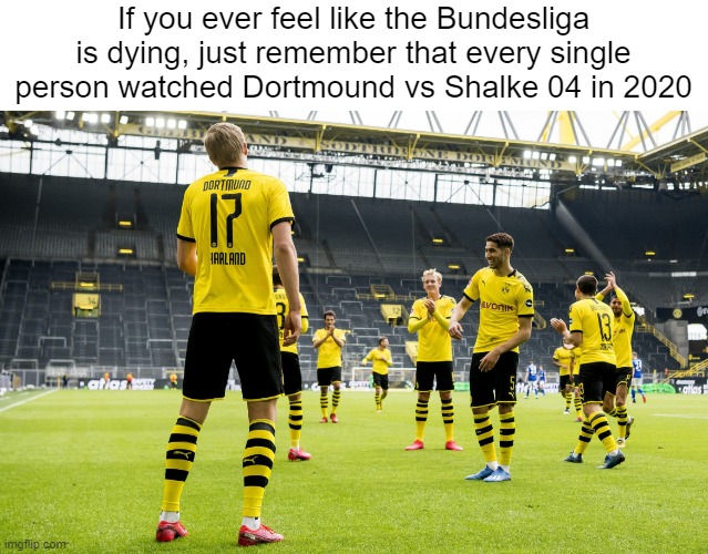 fr | If you ever feel like the Bundesliga is dying, just remember that every single person watched Dortmound vs Shalke 04 in 2020 | image tagged in football | made w/ Imgflip meme maker