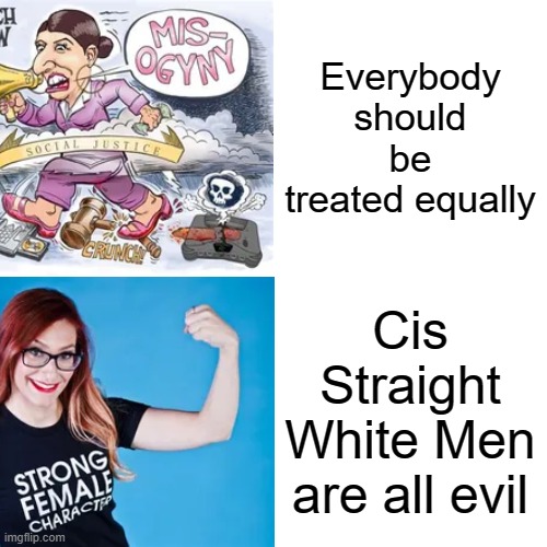 Equity | Everybody should be treated equally; Cis Straight White Men are all evil | image tagged in sjw hotline bling | made w/ Imgflip meme maker