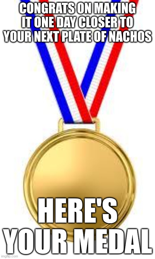 Gld Medal | CONGRATS ON MAKING IT ONE DAY CLOSER TO YOUR NEXT PLATE OF NACHOS; HERE'S YOUR MEDAL | image tagged in gld medal | made w/ Imgflip meme maker