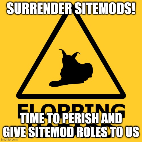 Flopping hazard | SURRENDER SITEMODS! TIME TO PERISH AND GIVE SITEMOD ROLES TO US | image tagged in flopping hazard | made w/ Imgflip meme maker