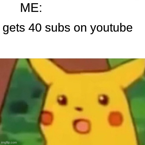 Surprised Pikachu Meme | ME:; gets 40 subs on youtube | image tagged in memes,surprised pikachu | made w/ Imgflip meme maker