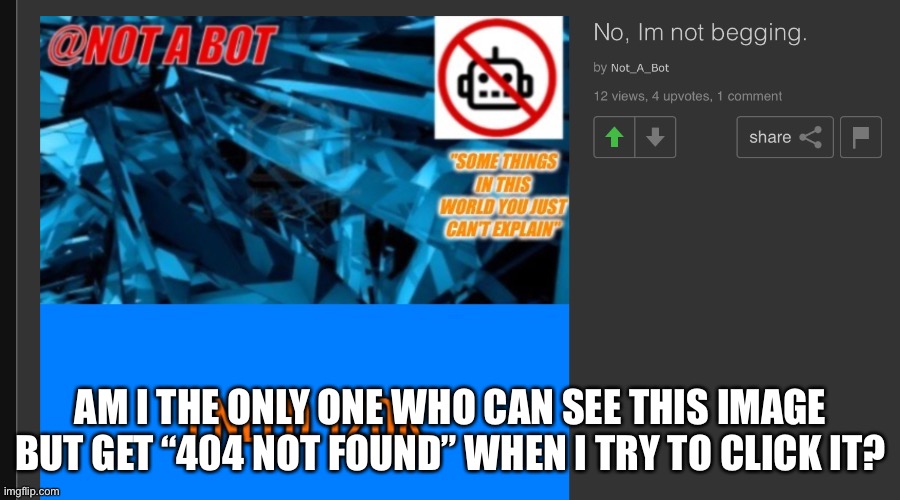 fr | AM I THE ONLY ONE WHO CAN SEE THIS IMAGE BUT GET “404 NOT FOUND” WHEN I TRY TO CLICK IT? | made w/ Imgflip meme maker