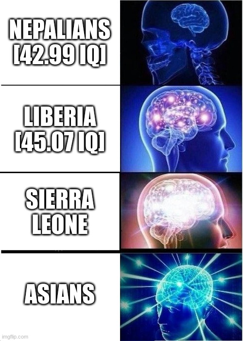 Expanding Brain Meme | NEPALIANS [42.99 IQ]; LIBERIA [45.07 IQ]; SIERRA LEONE; ASIANS | image tagged in memes,expanding brain | made w/ Imgflip meme maker
