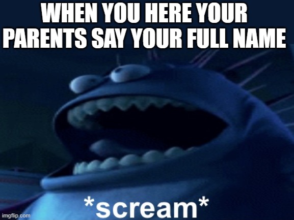 Screaming monster | WHEN YOU HERE YOUR PARENTS SAY YOUR FULL NAME | image tagged in screaming monster | made w/ Imgflip meme maker