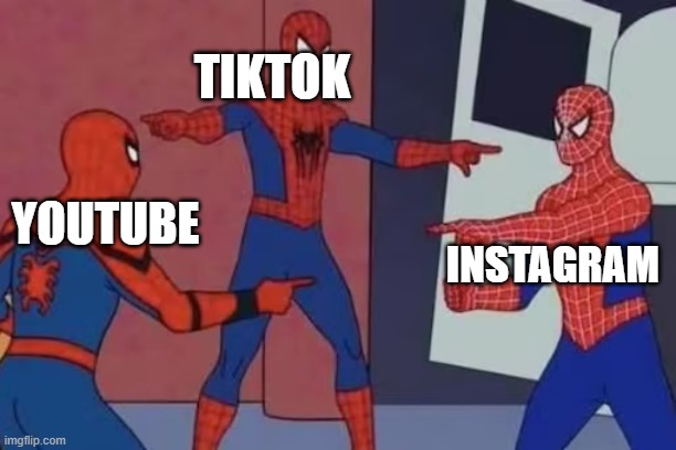 Spider-Men pointing at eachother | TIKTOK; YOUTUBE; INSTAGRAM | image tagged in spider-men pointing at eachother | made w/ Imgflip meme maker