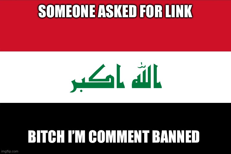 Wtf | SOMEONE ASKED FOR LINK; BITCH I’M COMMENT BANNED | image tagged in flag of iraq | made w/ Imgflip meme maker