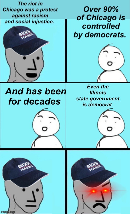 Why are democrats oppressing the people of Chicago | Even the Illinois state government is democrat; And has been for decades | image tagged in blue hat npc,politics lol,funny memes | made w/ Imgflip meme maker