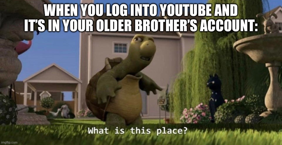 This should relate to some people | WHEN YOU LOG INTO YOUTUBE AND IT’S IN YOUR OLDER BROTHER’S ACCOUNT: | image tagged in what is this place,funny memes,funny,memes,youtube | made w/ Imgflip meme maker