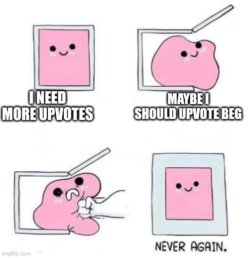 Never again | I NEED MORE UPVOTES; MAYBE I SHOULD UPVOTE BEG | image tagged in never again | made w/ Imgflip meme maker